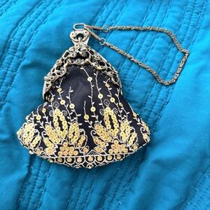 Source Unknown Black Evening Clutch with Gold Sequin Embroidery